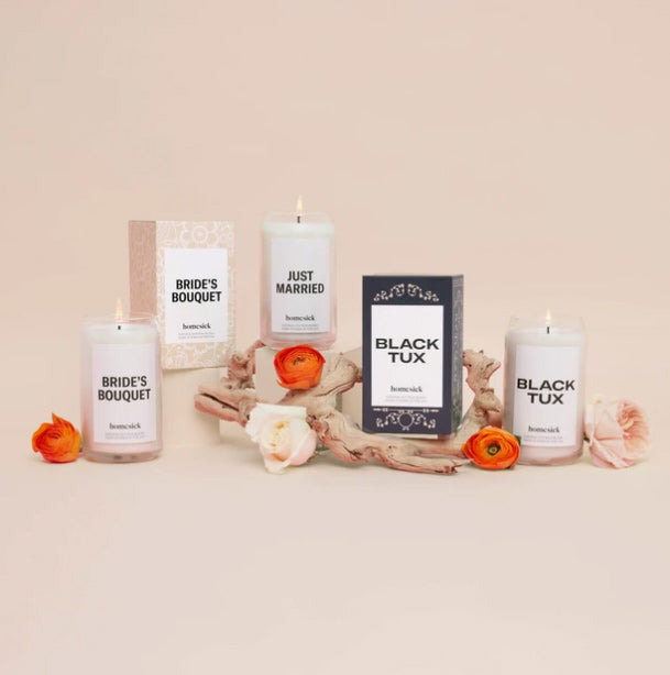 an assortment of wedding themed homesick candles