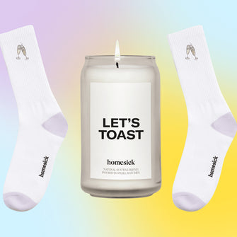 A graphic collage of the Let's Toast candle and pair of socks