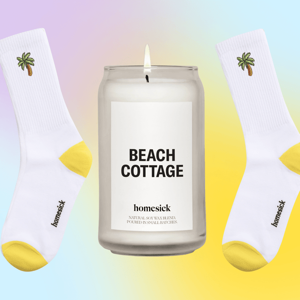A graphic collage of the Beach Cottage candle and the high rise socks with palm trees on them.