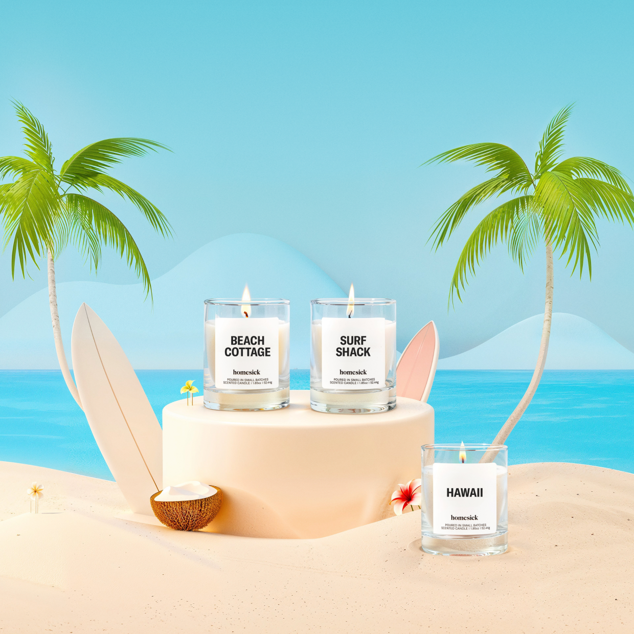 sea and sand candle coconut and palm Beach Vacay Mini Candle Trio