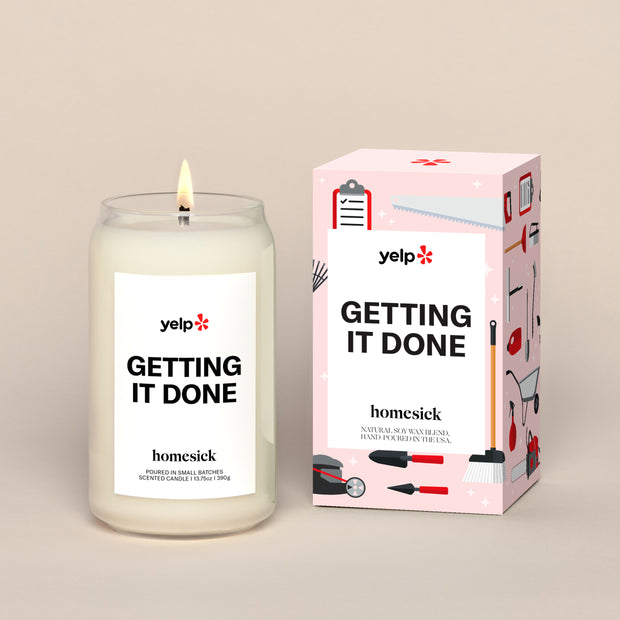 Getting It Done candle and box on a cream background
