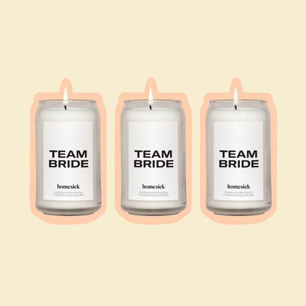 A graphic of three Team Bride candles shown on a cream background.