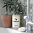 A close up of the Idaho Candle shot in a bathroom. One can decipher that the candle is placed on the corner of a white sink with an olive plant next to it.
