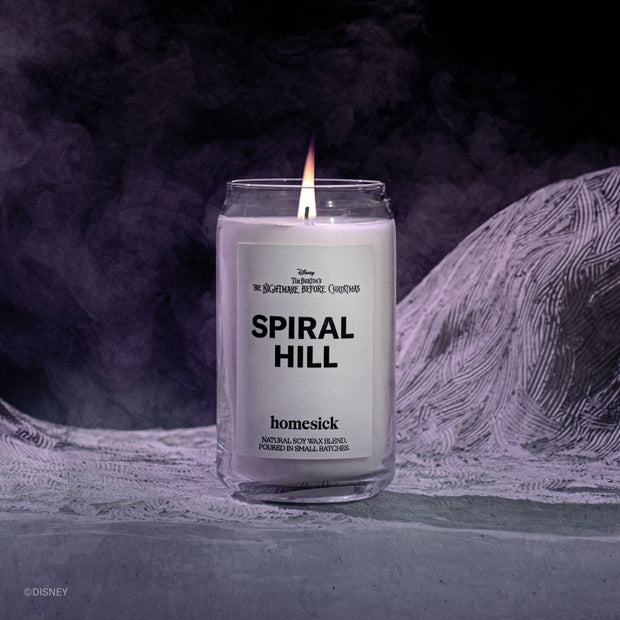 A close up of the Spiral Hill candle part of the Nightmare Before Christmas x Homesick collection.