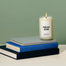 A small stack of three books on a white surface with a mint background. There is a New Job candle stacked on top of the books.