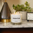 A lifestyle shot of the 3-Wick Night IN candle on a white and gray marble surface. Behind the candle is a gold lamp and plant in a ceramic succulent planter. 