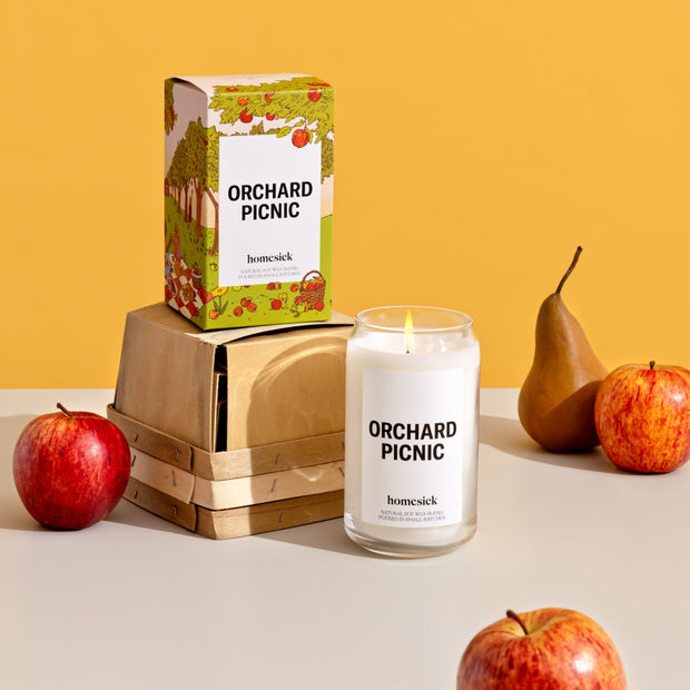 A stylized shot of the Orchard Picnic table on a light gray surface with the Orchard Picnic boxed packaging above it. There is an orange background.