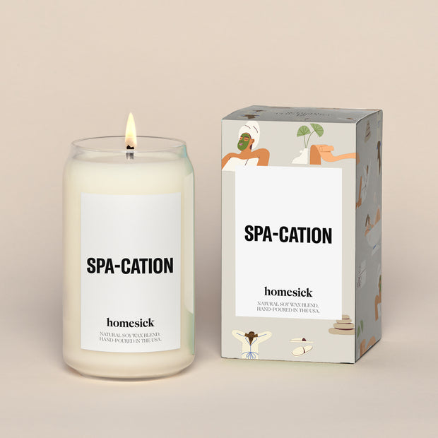 Single spa-cation candle next to a the packing box. The packing box is a white box with an over pattern of spa like animation.