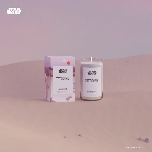 A graphic of the Tatooine candle from the Star Wars x Homesick collaboration. The graphic is the candles in a dessert.