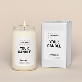 A Custom Candle showing the places one can input their personal logo. Next to the candle is a white box that it would arrive in.